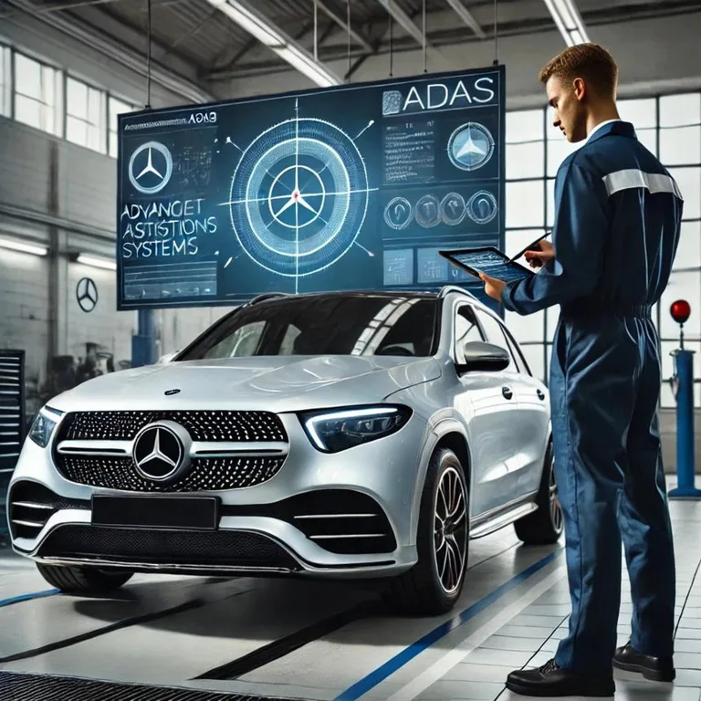 Illustration of a vehicle beside an ADAS calibration display