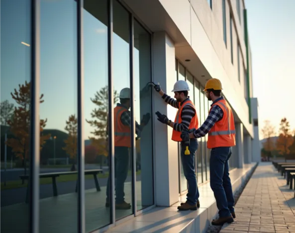 Workers inspecting a glass storefront