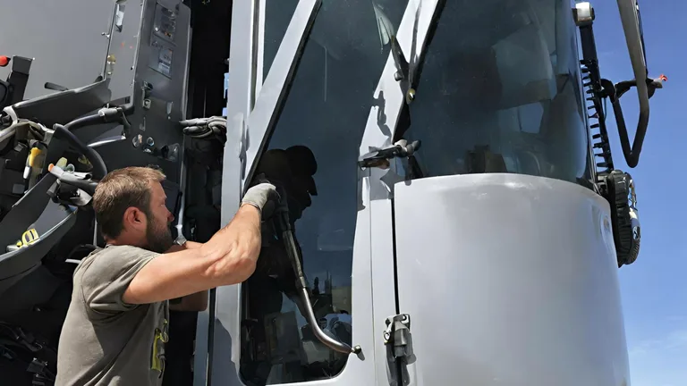 Technician fitting glass on farm equipment