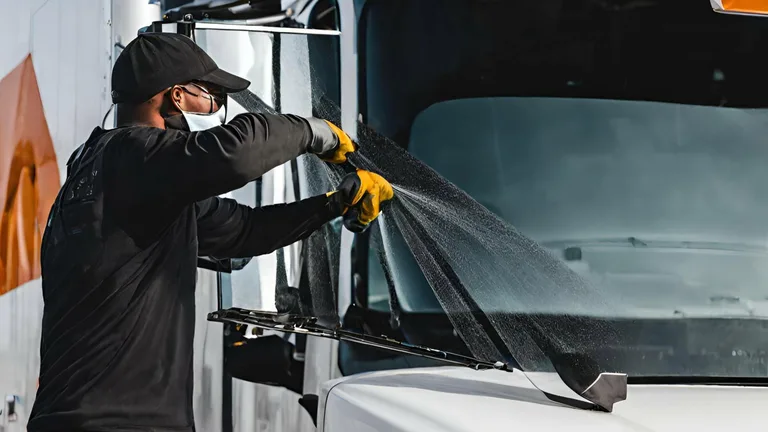 Technician installing a windshield on a semi-truck