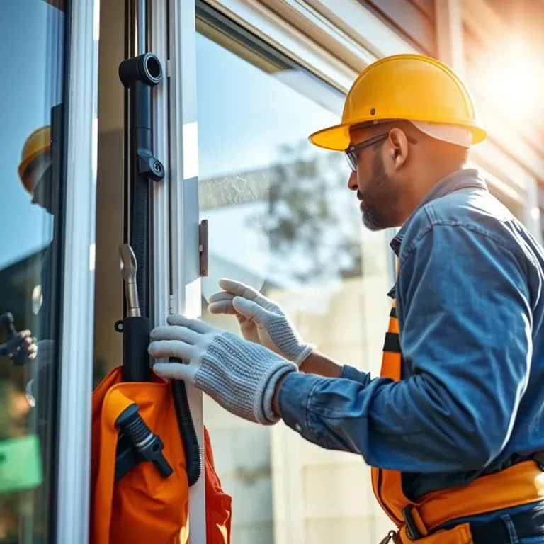 Worker fitting glass into a window frame
