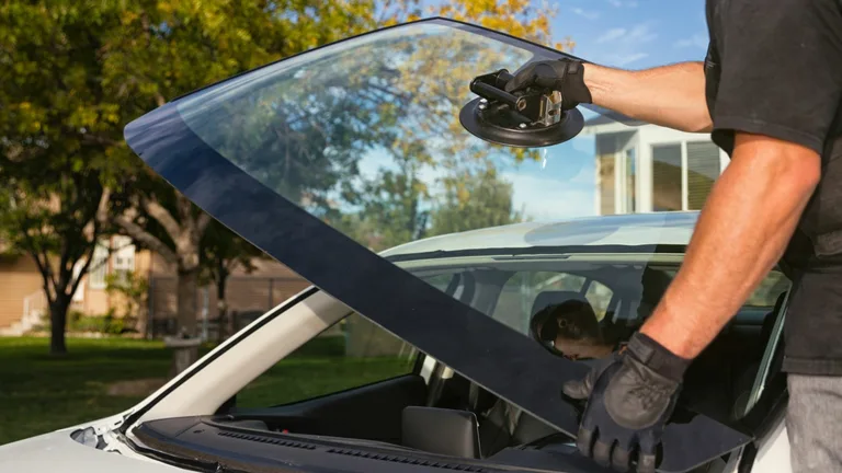 Technician positioning a car windshield with suction handles