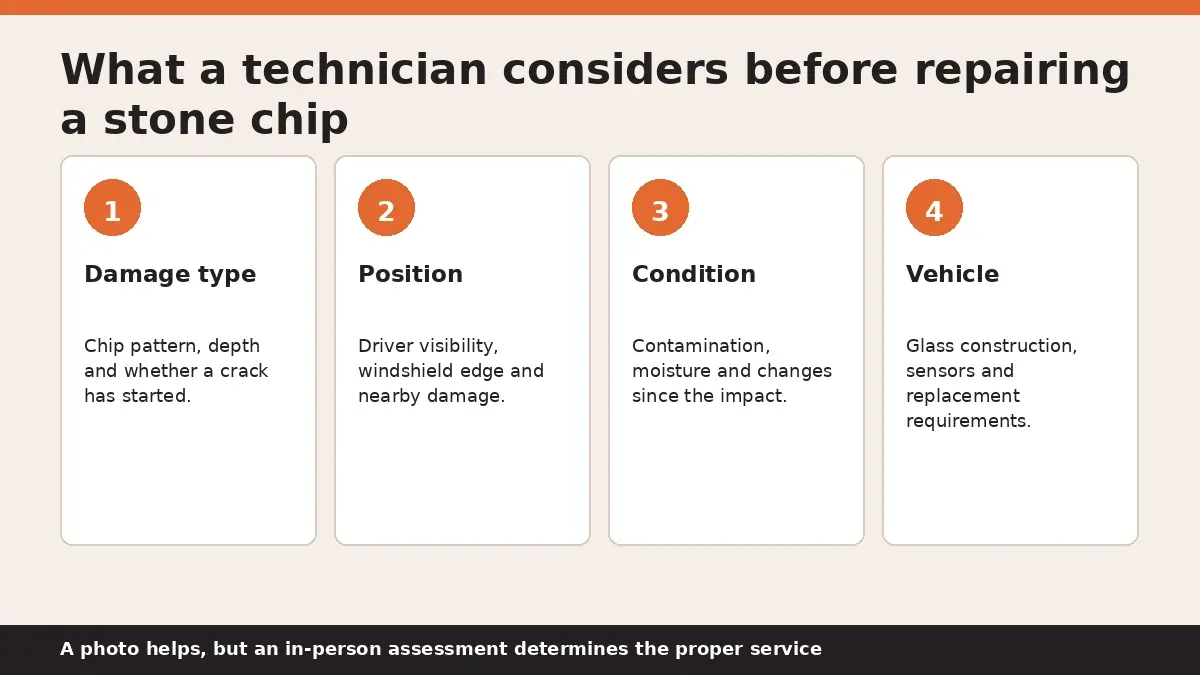 Diagram of the factors used to decide whether a stone chip is repairable