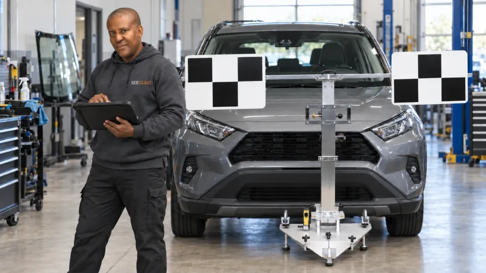 Sek Glass technician running an ADAS calibration on a vehicle with target boards in the shop